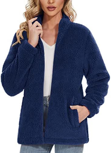 MAGCOMSEN Women Sherpa Jacket Full-Zip Fuzzy Fleece Teddy Casual Coats Zip Pockets Winter Warm Soft Jackets