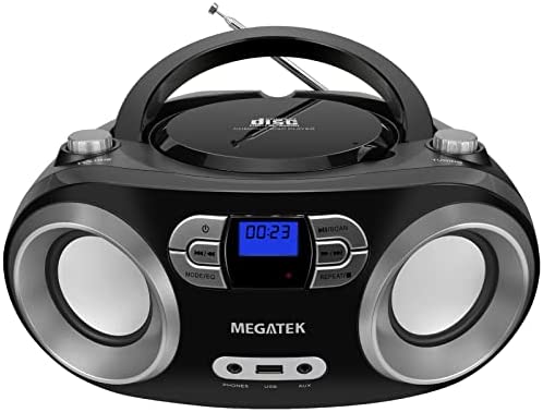 MEGATEK Portable CD Player/Radio/Bluetooth Boombox with Enhanced Stereo Sound, CD-R/CD-RW/MP3/WMA Playback, USB Port, AUX Input, Headphone Jack, Backlit LCD Display, AC/Battery Operated
