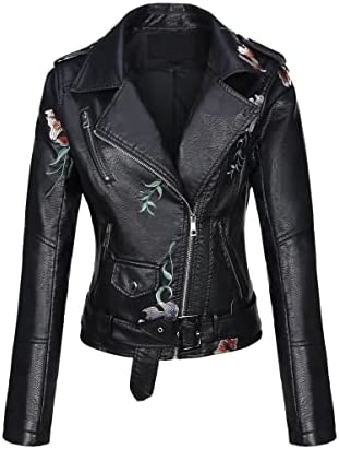 Bellivera Womens Faux Leather Casual Short Jacket, Spring and Winter Fashion Moto Bike Floral Coat