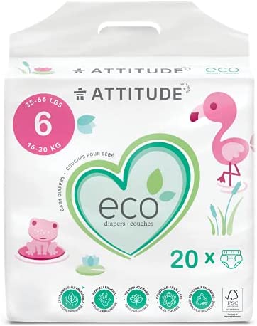ATTITUDE Non-Toxic Diapers, Eco-Friendly, Hypoallergenic, Safe for Sensitive Skin, Chlorine-Free, Leak-Free & Biodegradable Baby Diapers, Plain White (Unprinted), Size 6 (35-66 lbs), 20 Count