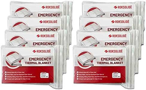 ROKSOLIDE Emergency Blankets | Mylar Thermal Blanket, Essential Survival Gear for Emergency Kits. Ultralight Reflective Foil Blanket for Camping or Cold Weather. Size 55″ x 82″, Silver, 8-Pack