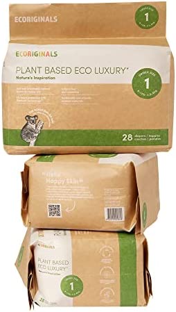 Ecoriginals All Natural Diapers, Eco Friendly Plant Based Disposable Baby Diaper, 3 Pack, Newborn Plus, Size 1, 84 Count, Up to 11 lbs