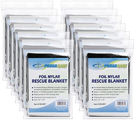 Primacare CB-9831-CS Foil Mylar Insulation Blanket – Emergency Rescue Heat Preservation Blanket – Waterproof, Weatherproof, 82x62Inch (12 Pack)