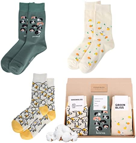 GREENBLISS 3pairs Cute Dog printed organic cotton crew socks with highly durable cotton and optimal elasticty, Socks for women-Socks for men-Mens socks-Womens clothes-GIfts for women-Teen girl trendy stuff-US Women’s Shoe Sizes 6.5~11