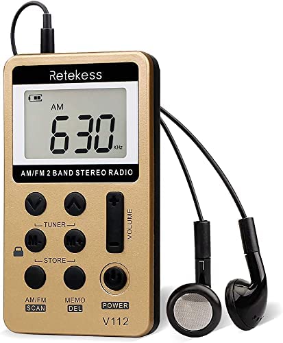 Retekess V112 AM FM Radio Portable, Mini Radio with Earphone Pocket, Digital Tuning Rechargeable Battery LCD Display for Walking Jogging(Gold)