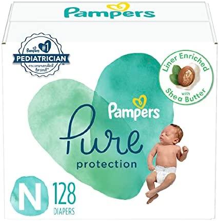 Diapers Size 0, 128 Count – Pampers Pure Protection Disposable Baby Diapers, Hypoallergenic and Unscented Protection, Enormous Pack (Packaging & Prints May Vary)
