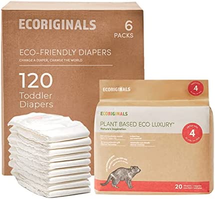 Ecoriginals Eco Disposable Diapers | Toddler Size 4, 22-30lbs | 6 Pack, 120 Count | Plant-Based, Non-Toxic