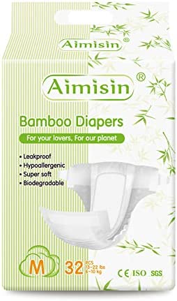 Aimisin Bamboo Disposable Baby Diapers Plant-Based Biodegradable Soft Absorbent Diapers for Babies Hypoallergenic for Sensitive Skin (M(13-22Lbs)-32ct)