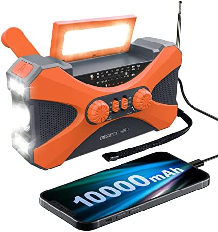 10000mAh Emergency Radio, Solar Hand Crank Radio, Portable AM/FM/NOAA Weather Radio with Cell Phone Charger, LED Flashlight, Reading Lamp, SOS Alarm, Survival Radio for Home Outdoors Emergency