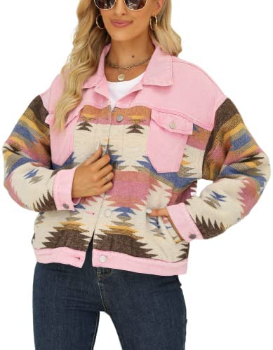 Himythe Women’s Aztec Shacket Jacket Lapel Long Sleeve Retro Jean Coat Oversized Western Denim Jacket