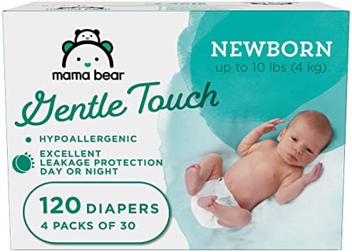 Amazon Brand – Mama Bear Gentle Touch Diapers, Hypoallergenic, Newborn, 30 Count (Pack of 4)