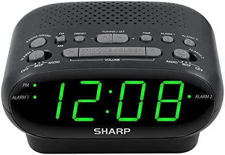 SHARP AM/FM Clock Radio, Wake to Alarm or Radio, Dual Alarms, Easy to Read LED Green Display, Simple to Use, Easy to Read at a Glance