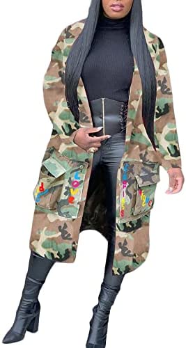 Vakkest Camo Blazer Jacket for Women Lapel Long Sleeve Open Front Cardigan Coat Classic Pockets Overcoat Outwear