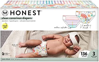 The Honest Company Clean Conscious Diapers | Plant-Based, Sustainable | Rainbow Stripes + Flower Power | Super Club Box, Size 3 (16-28 lbs), 136 Count