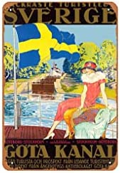 Vintage Tin Sign Sverige Göta Canal, Sweden Vintage Travel Poster – Vintage Art Collections, Travel Ads, Decorative Art, Wall Art, Wall Decor Metal Sign Retro Wall Decor for Home Cafes Office Store Pubs Club Sign Gift 12 X 8 INCH Plaque Tin Sign