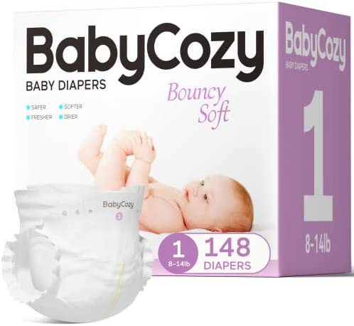 Newborn Baby Diapers Size 1(8-14lb) 148 Count Infant Diapers, Babycozy Bouncy Soft Diapers Fit Baby Preemie, Dry Disposable Diapers Hypoallergenic Without Chlorine Safe for Sensitive Infant Skin