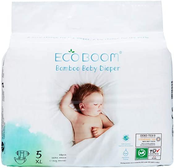 ECO BOOM Baby Diapers 100% Eco-Friendly Natural Diaper Size 5 (26lb+) Infant Anti Leak System Disposable Diapers Chlorine-Free for Bamboo Viscose Baby Diaper 28 Count