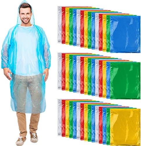 200 Pieces Adults Rain Ponchos Bulk 5 Colors Disposable Rain Ponchos with Hoods Emergency Disposable Raincoat Individually Wrapped Waterproof Plastic Ponchos for Man Women Traveling Camping Hiking