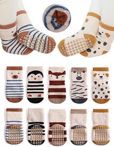 BEHELE Baby Non-skid Grip Socks Toddler Socks Warm Thick Anti Skid Slipper Crew Socks for Girls Boys Newborn Infant