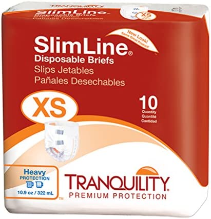 Tranquility Slimline Original Adult Disposable Brief, Incontinence Care with a Slimmer Fit, Peach Mat Core & Kufguard Technology for Max Comfort, Latex-Free, X-Small, 10.9oz Capacity, 10ct Bag