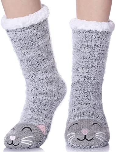 LANLEO Fuzzy Slipper Socks For Women with Grippers Winter Warm Thick Plush Fleece Lining Non Slip Animal Home Socks