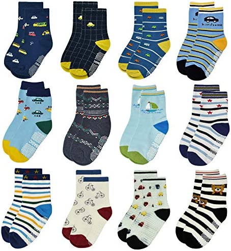 Non Slip Kids Toddler Socks with Grip 12 Pairs Anti Skid Boys Girls Socks for Children Baby Crew Socks for 1-7 Year Old Child