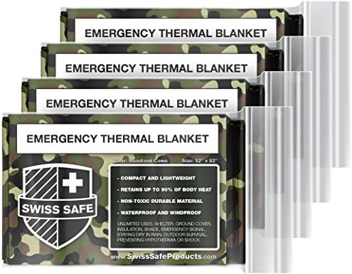 Swiss Safe Emergency Mylar Thermal Blankets + Bonus Gold Foil Space Blanket. Designed for NASA, Outdoors, Survival, First Aid, Woodland Camo, 4 Pack