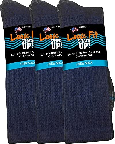 Loose Fit Stays Up Men’s and Women’s Casual Crew Socks (Pack of 3) Made in USA! Cushioned Sole