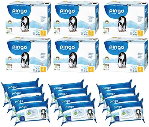 Pingo Organic Disposable Swiss Premium Diapers Mini Size 2, 3 Months Supply, (504 Diapers) with Sensitive Aloe Vera Wipes,12 Packs of 80ct Wipes (960 Count), 6 Pack Jumbo Bulk Box, 6.6 to 13 Pounds