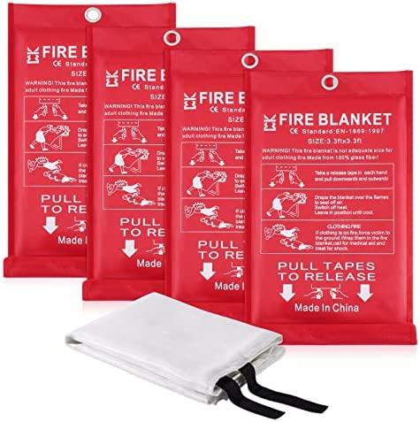 Fire Blanket for Home Emergency Survival – Fiberglass Sheet Suspend Fire Flames Suspension Great for Kitchen School Fireplace Grill Car Garage House Warehouse Camp RV Safety (4, 3.3ft x 3.3ft)