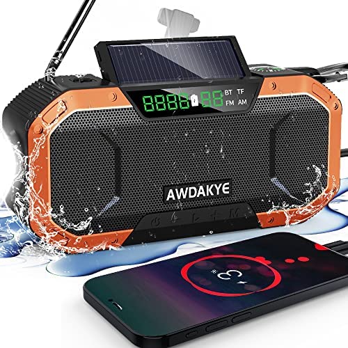 5000mAh Emergency Weather Radio with Bluetooth Speaker, Waterproof Hand Crank Digital NOAA AM FM Weather Radio, Solar Radio with Flashlight, Cell Phone Charger, Compass, Camping Survival Gear