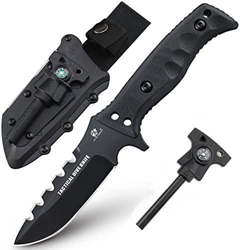 HX OUTDOORS Fixed blade knives with Sheath,The Knife is equipped with Fire starter, Sharpener, Compass, suitable for all outdoor activities,Made of D2 steel and ergonomic G10 handles (D-141)