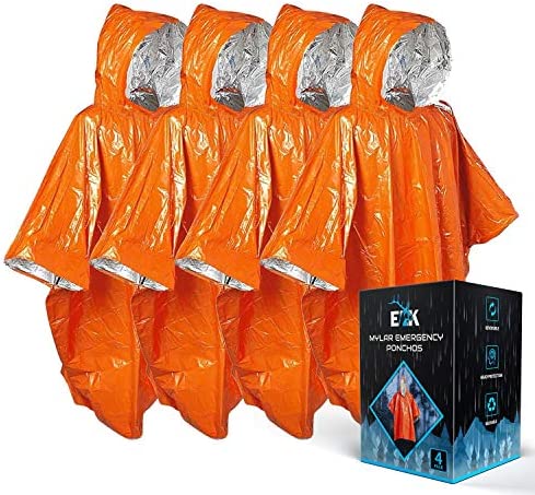 ELK Emergency Poncho Features Heat Retention and Mylar Reversible Thermal Raincoat Blanket with Reflective Side for Increased Visibility – Outdoor Camping Survival Gear and Equipment (Orange, 4 Pack)