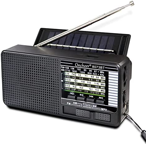 Oncheer Portable FM/AM/SW Radio, Build-in Bluetooth Speaker, Powered by Rechargeable Battery with Solar Panel for Charging, Emergency LED Light, Stretch Antenna, Support TF Card USB Mp3 Player