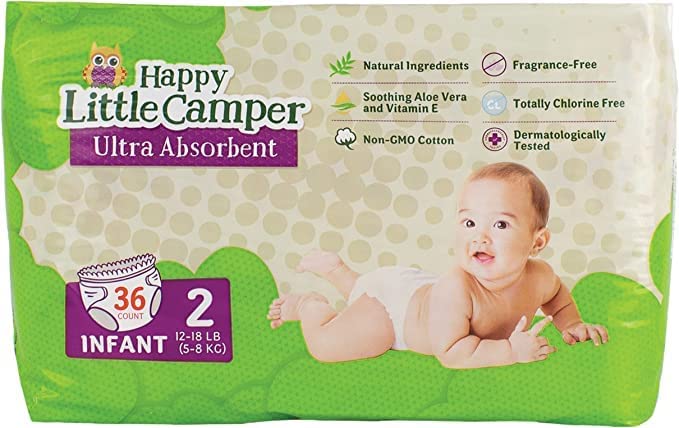 Happy Little Camper Natural Diapers, Disposable Baby Diapers with Aloe, Ultra-Absorbent, Hypoallergenic and Fragrance Free for Sensitive Skin, Size 2, 31 Count (Pack of 6)