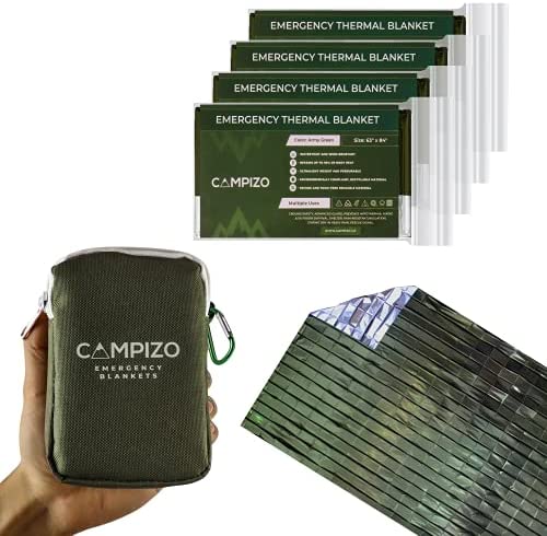 CAMPIZO 4 Pack Emergency Blankets – Thermal Blanket, Space Blanket, Mylar Blanket, Survival Blanket, Foil Blanket, Designed by NASA, Extra Large and Wide for Camping, Hiking, Marathon, (Army Green)