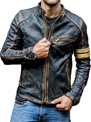 Men’s Vintage Cafe Racer Golden Stripes Distressed Brown Leather Jacket Motorcycle Vintage Leather Jacket For Men