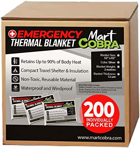 Emergency Blankets for Survival Gear and Equipment x200, Space Blanket, Mylar Blankets, Thermal Blanket, Survival Blanket, Survival Kits Emergency Kit, Emergency Supplies, Foil Blanket Camping Shelter