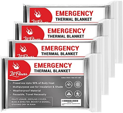 LIT FITNESS Emergency Blankets (Pack of 4) Thermal Blankets, Space Blanket Designed for Outdoors, Hiking, Survival, Marathons Survival Blanket, First Aid or Camping Blanket kit (Silver)
