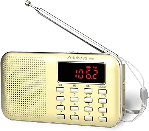 Retekess PR11 AM FM Radio Portable, Rechargeable Transistor Radios Small, with Headphone Jack MP3 Music Player Speaker Support Micro SD Card for Outdoor (Gold)