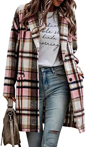 CCTOO Shacket Jacket Women Plaid Long Flannel Lapel Long Sleeve Button Down Shirt Jacket Coats with Pockets