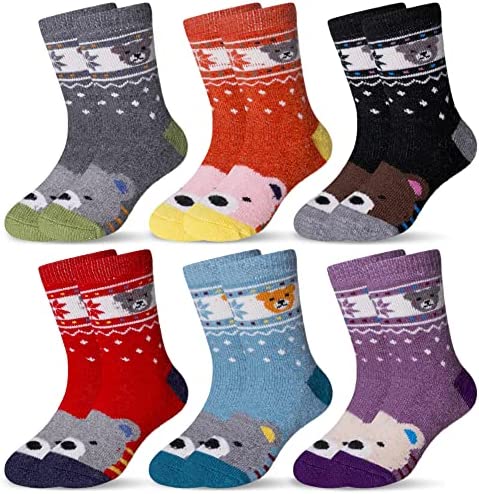 Eocom Kids Wool Socks For Boys Girls Warm Hiking Thermal Winter Cozy Soft Thick Toddlers Crew Boot Socks 6 Pairs