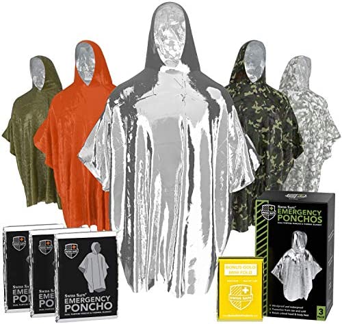 Emergency Mylar Poncho (3-Pack) + Bonus Signature Gold Foil Thermal Blanket to Keep Warm During Camping Hiking or Any Outdoor Activity