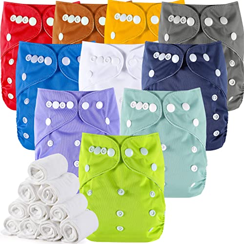 10 Pack Reusable Baby Cloth Diapers Bulk Newborn Adjustable Washable Cloth Diapers Accessories with 10 Pack Cloth Diaper Inserts Nursery Gift Essentials with Cover for Boys Girls Baby Shower