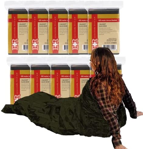 Ever Ready First Aid Mylar Rescue Blanket, Large Olive and Silver Thermal Sheet for Emergency and Survival, 54” x 96” – 10 Count