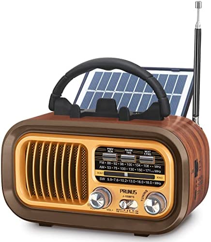 【2023 Newest】 PRUNUS J-150 Small Retro Vintage Radio Bluetooth, Portable Radio AM FM Transistor with Best Sound, Solar/Battery Operated Radio/Rechargeable Radio, TWS, Support TF Card/USB Playing