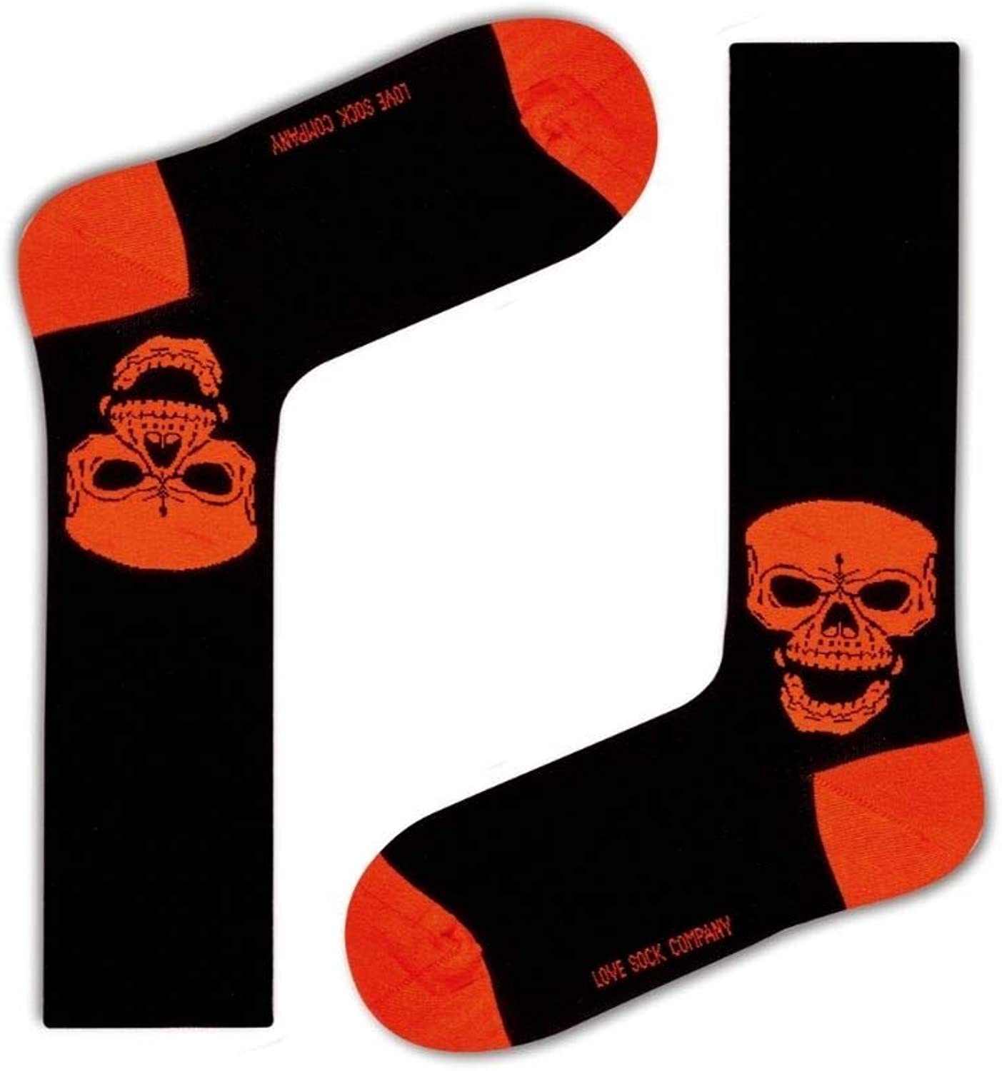 Men’s organic cotton socks with orange Skull design. Seamless toes and highly breathable Motorcycle socks