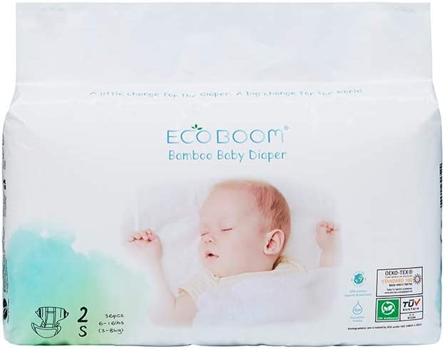ECO BOOM Bamboo Viscose Baby Diapers 100% Natural Safe for Sensitive Skin Organic Disposable Diapers Size 2(6-16lb) Pure White Eco Diaper 36 Count