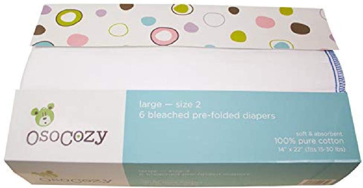 OsoCozy Prefolds Bleached Cloth Baby Diapers, Size 2 (15-30 lbs), Soft, Absorbent and Durable 100% Natural Cotton, Our Top Selling Diaper Service Quality Prefolds – (6 Pack)