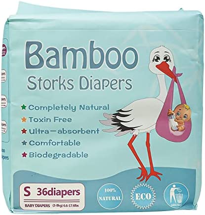 Bamboo Storks Diapers for Babies, Highly Absorbent Bamboo Diaper for Rash Prevention, Soft, Lightweight, Hypoallergenic & Chemical-Free Newborn Diapers, Disposable Pull-Ups, Small, Pack of 36